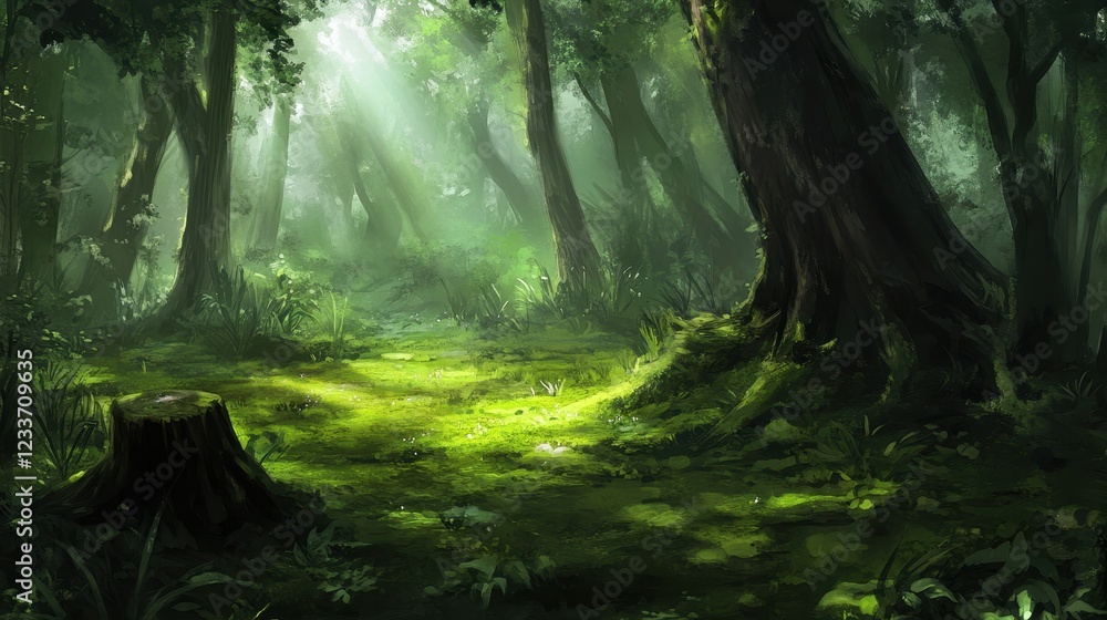 Obraz premium Serene Sunlit Forest with Lush Greenery and Gentle Shadows