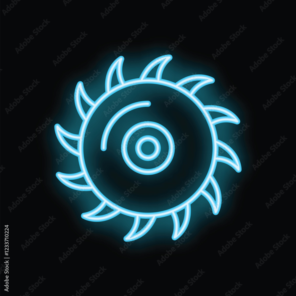 Fototapeta premium Neon sign depicting a circular saw blade, radiating a vibrant blue glow against a dark backdrop