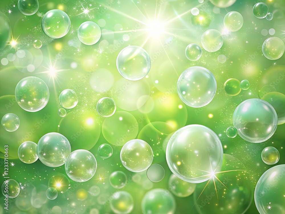 Translucent Bubbles and Glowing Sparkles on Abstract Green Background Translucent Bubbles and Glowing Sparkles on Abstract Green Background