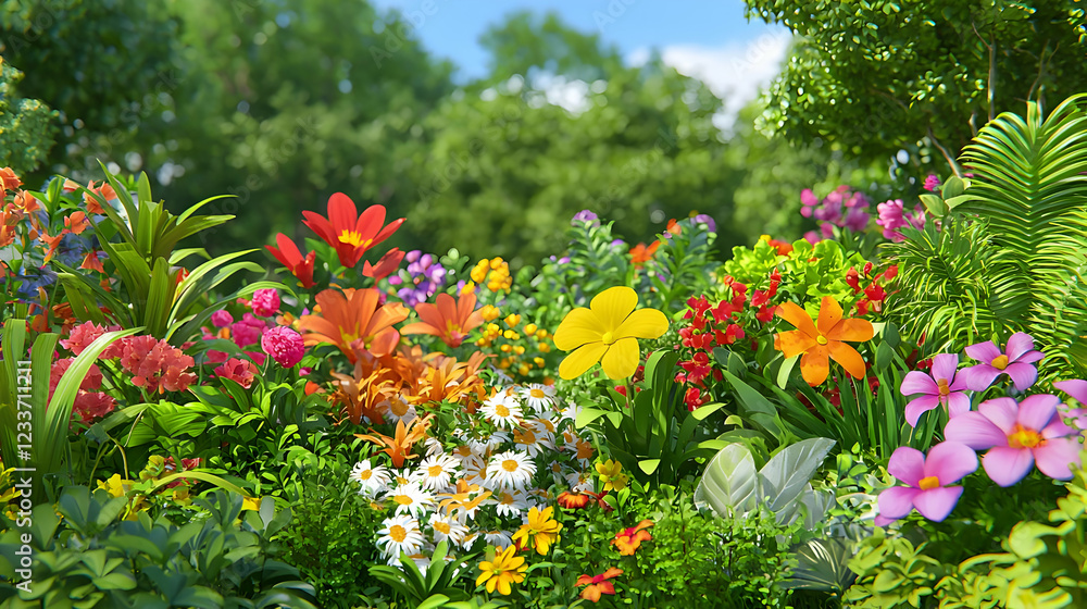 Lush colorful flowers bloom in a vibrant garden, sunny day, green trees background. Ideal for nature, spring, summer themes Lush colorful flowers bloom in a vibrant garden, sunny day, green trees background. Ideal for nature, spring, summer themes