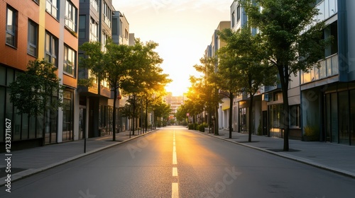 Serene Urban Street at Sunset with Trees and Vibrant Sky
