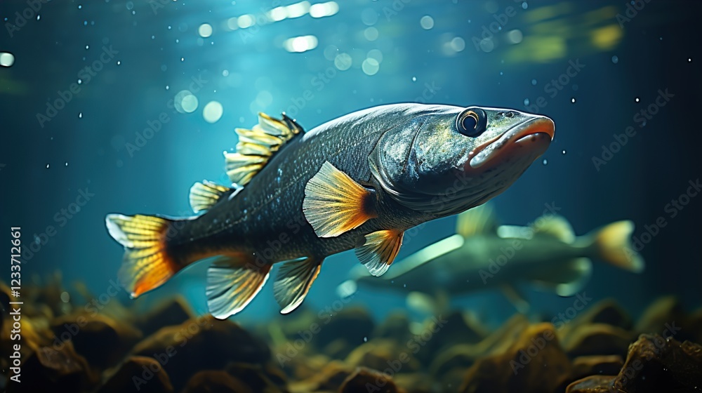 Fototapeta premium Closeup of a walleye fish swimming underwater inside a freshwater lake HD 8K wallpaper Photographic Image