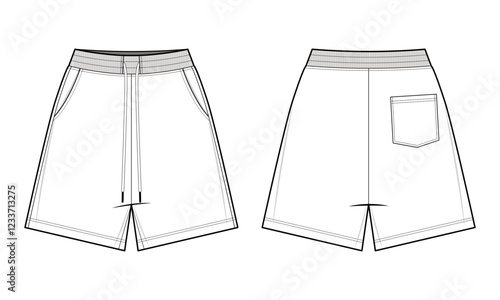 Drawstring Shorts Technical Fashion Illustration. Casual Elastic-Waist Shorts Vector Template. Front and back back view. Casual streetwear. Men’s and Women’s Loungewear. White color. CAD Mockup Set.