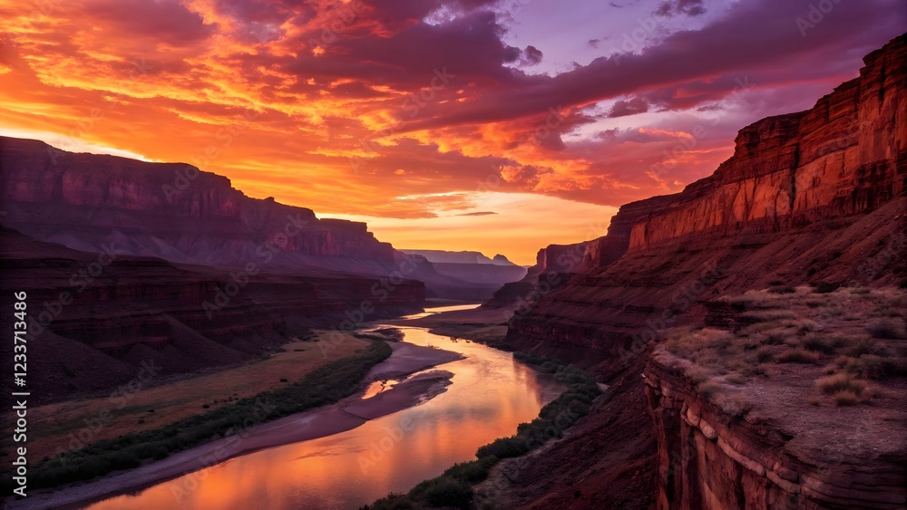 Fototapeta premium Fiery Canyon Sunset River Cliffs Dramatic Sky