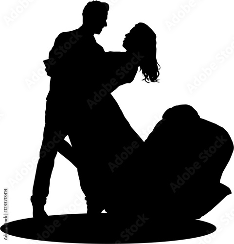 Black and white silhouette vector illustration of a couple, with a woman in a long dress and a man dancing, looking at each other.