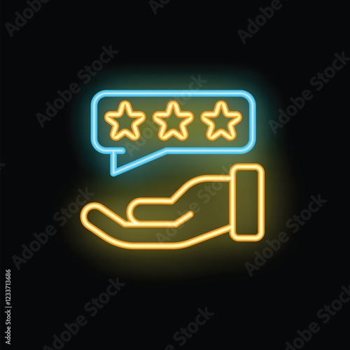 Neon sign of an open hand holding a speech bubble with a five star rating, concept of customer satisfaction