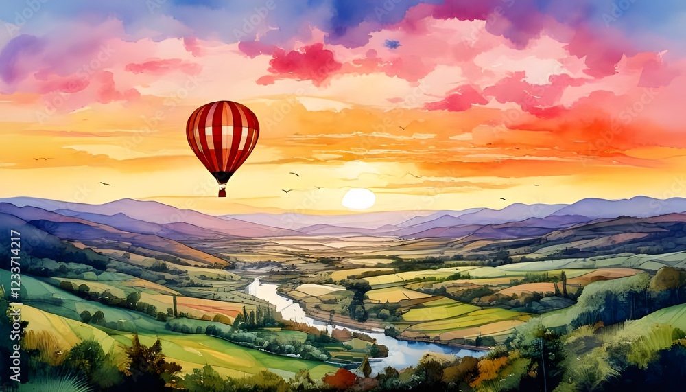 Obraz premium A dreamy watercolor painting of a majestic hot air balloon floating above a golden valley at sunset