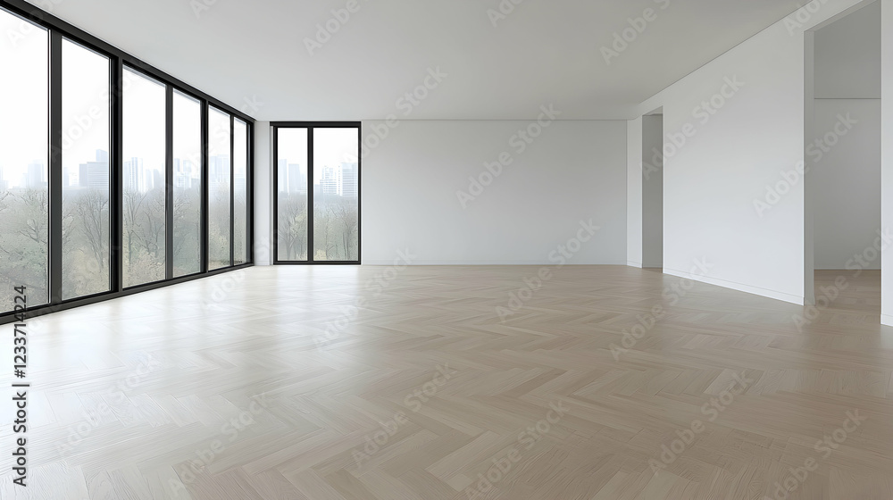 Fototapeta premium Empty modern apartment, city view, hardwood floor, real estate