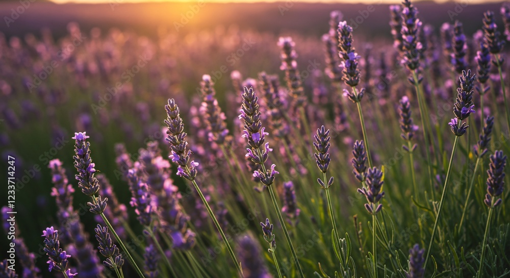 Naklejka premium A breathtaking lavender field bathed in golden sunset light, with delicate purple flowers swaying gently, creating a peaceful and aromatic atmosphere.