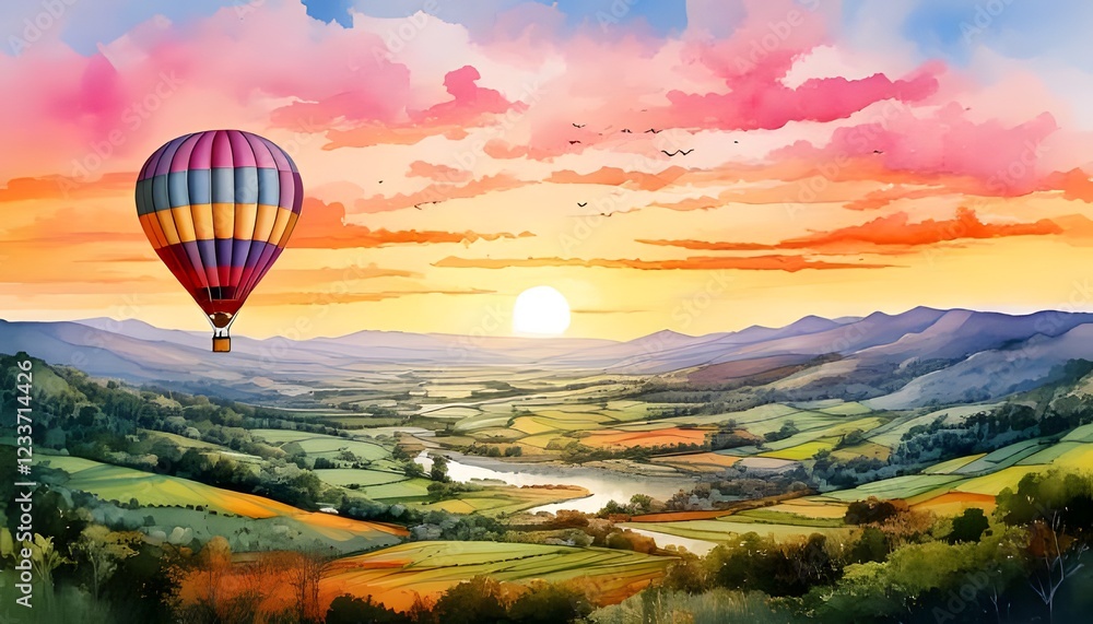 Fototapeta premium A dreamy watercolor painting of a majestic hot air balloon floating above a golden valley at sunset