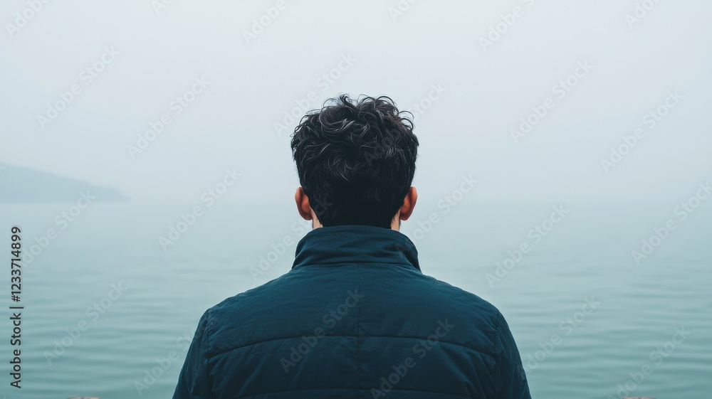 Fototapeta premium A contemplative person gazes into a serene foggy landscape.