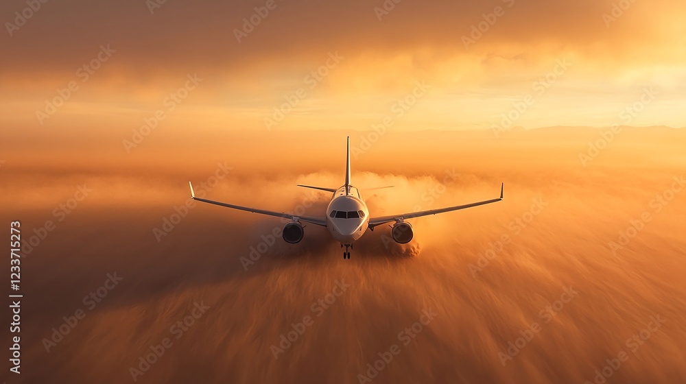 Obraz premium Airplane Flying Through Orange Sunset Clouds