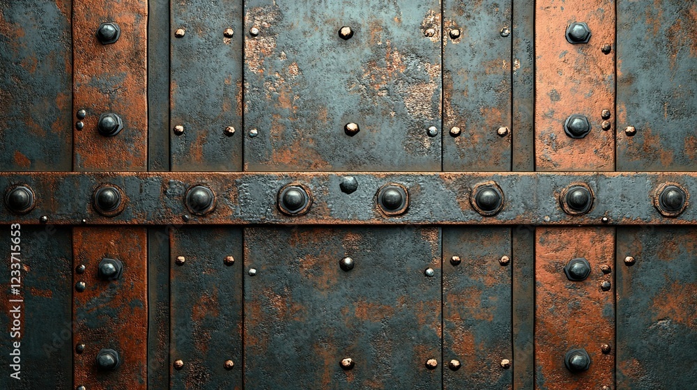 A weathered metal surface with rivets and textures, forming an industrial background A weathered metal surface with rivets and textures, forming an industrial background