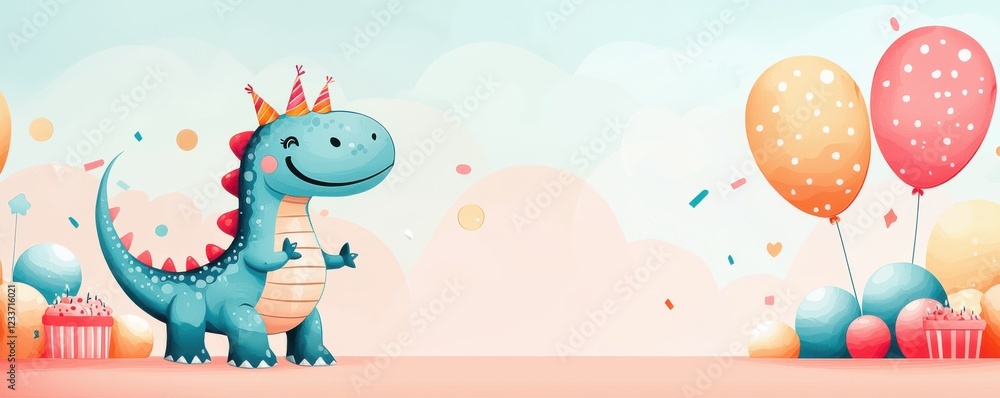 Obraz premium A joyful dinosaur celebrating with balloons and cupcakes.