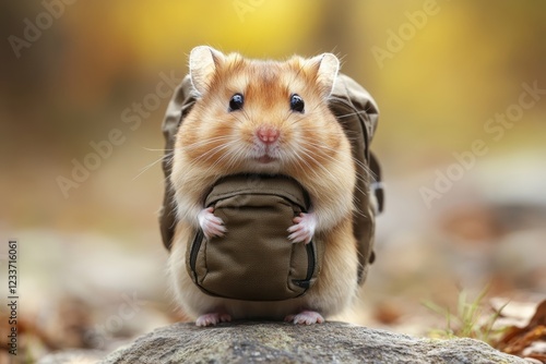 A cute hamster carrying a small backpack, ready for an adventure in the colorful autumn environment. Perfect for animal lovers and adventure themes. photo