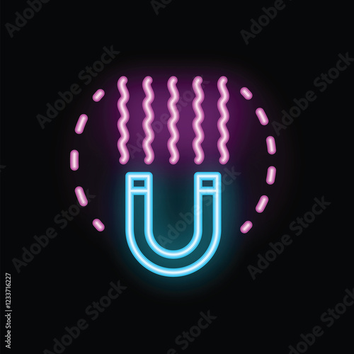 Neon icon of a blue magnet generating a magnetic field with purple lines of force on a black background