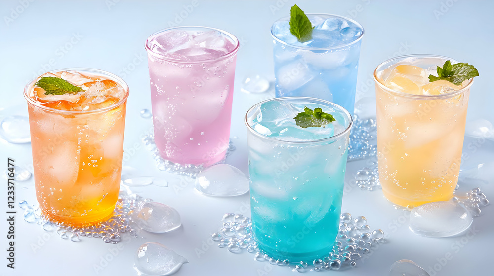 Colorful iced drinks, refreshing summer beverages, studio shot, light blue background, perfect for advertising Colorful iced drinks, refreshing summer beverages, studio shot, light blue background, perfect for advertising