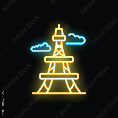 Neon sign of paris famous landmark, the eiffel tower, with clouds on black background