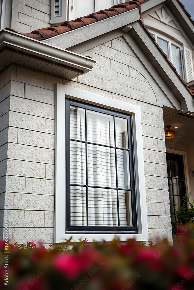 Fototapeta premium Modern House Exterior with Black Window Frame and Grey Brick Facade. High-end home design, real estate photography