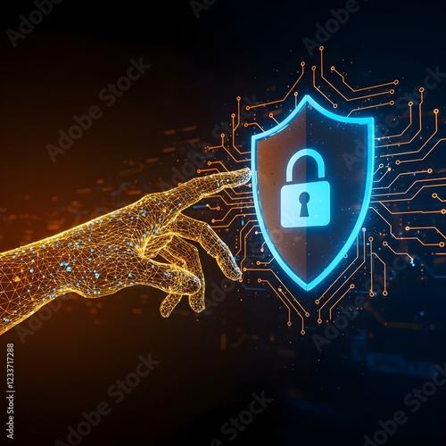 One hand with one finger pointing a cyber security and data protection shield on the internet.