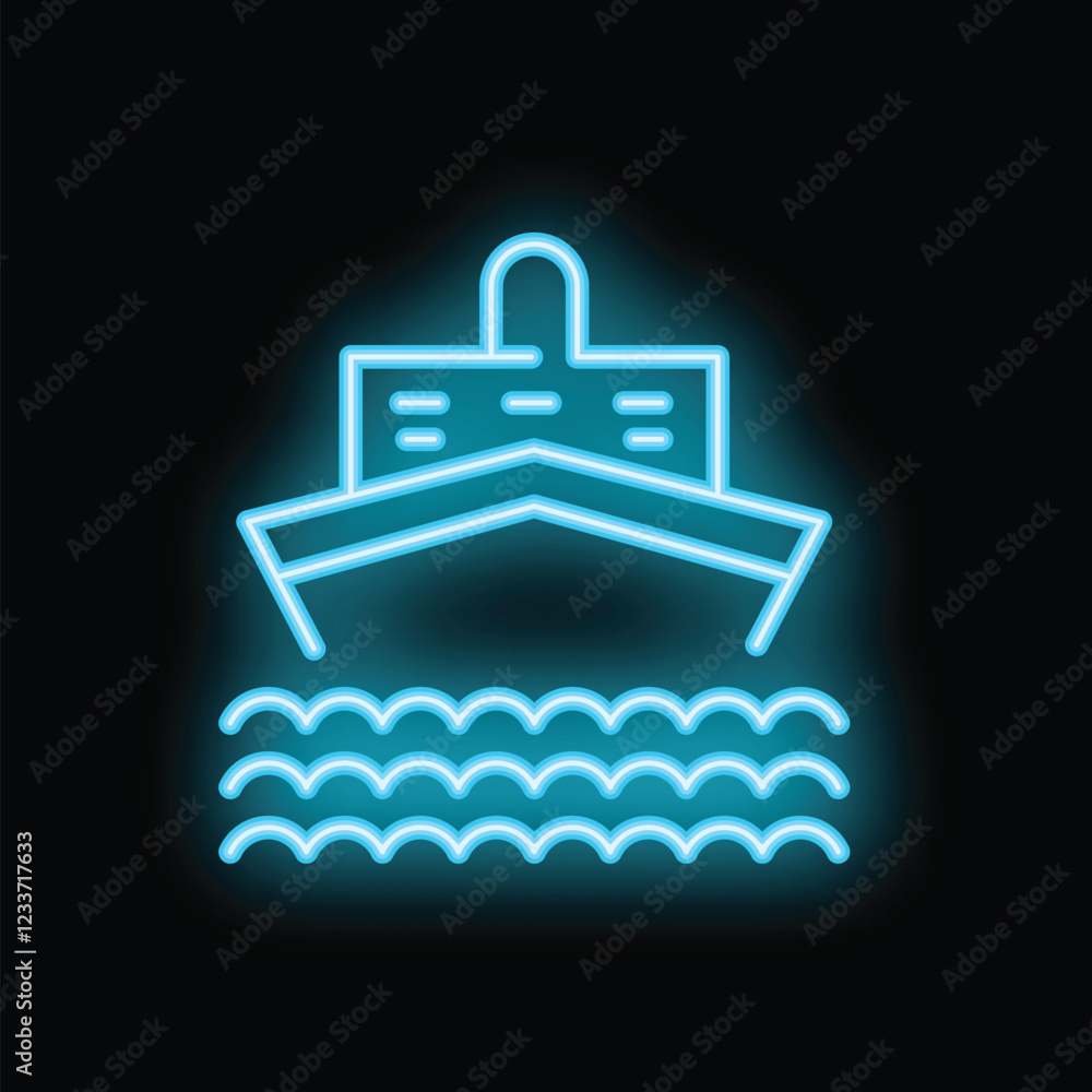 Blue neon sign showing a cruise ship sailing at night, a perfect illustration for travel and tourism Blue neon sign showing a cruise ship sailing at night, a perfect illustration for travel and tourism