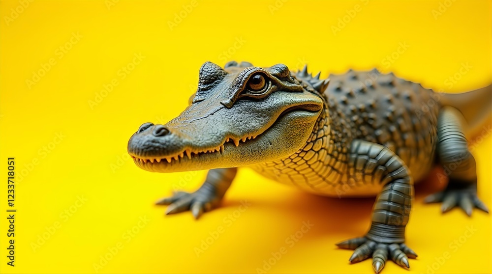 Obraz premium Adorable Baby Alligator Figurine Close Up Shot Yellow Background Realistic Reptile Toy Model Wildlife Animal Collectible Decoration