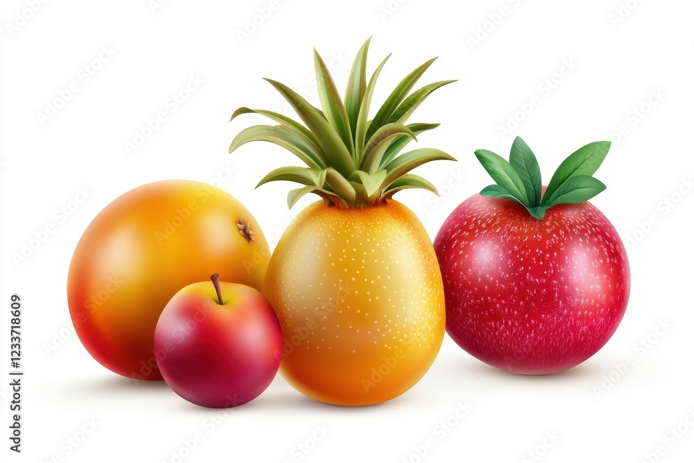 Tropical fruit arrangement, studio shot, white background, healthy food, recipe illustration Tropical fruit arrangement, studio shot, white background, healthy food, recipe illustration
