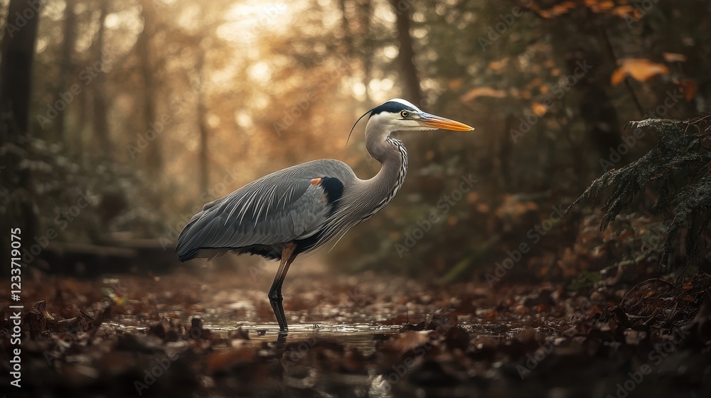 Fototapeta premium Graceful Great Blue Heron Standing in a Serene Forest Landscape