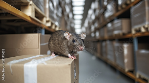 Mouse sitting on a cardboard box in a warehouse pantry