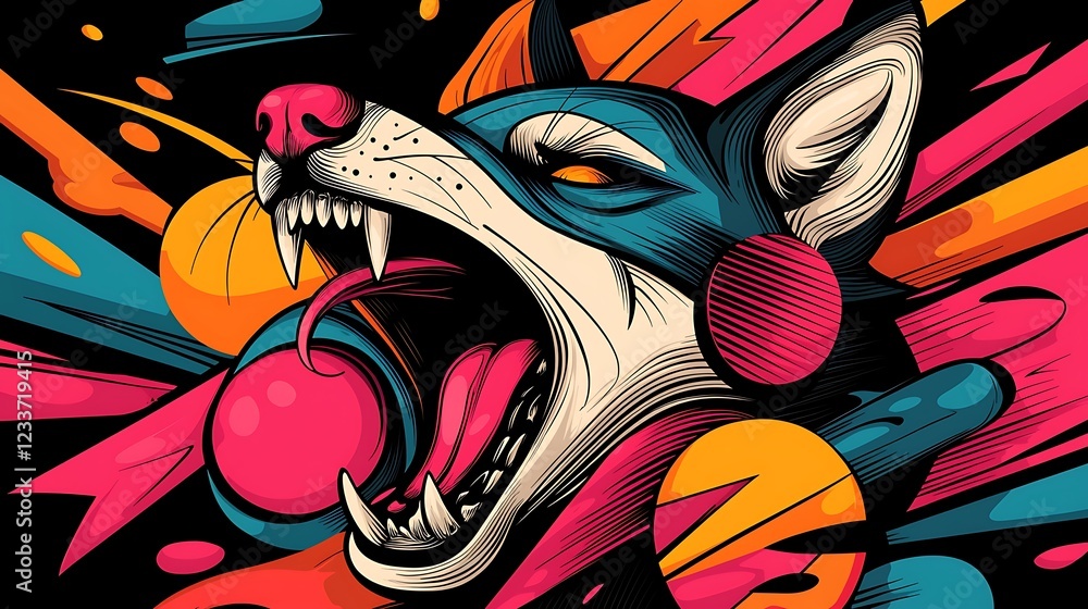 Naklejka premium Vibrant graphic illustration of a howling wolf amidst colorful abstract shapes and splashes