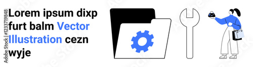 Folder with a gear, wrench, and a person interacting with a device. Ideal for technology, setup, development, maintenance, collaboration, repair and flat landing page banner
