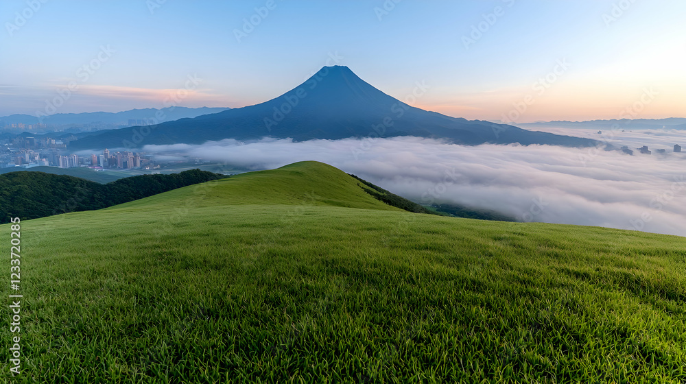 Fototapeta premium Mountain sunrise over sea of clouds, city skyline