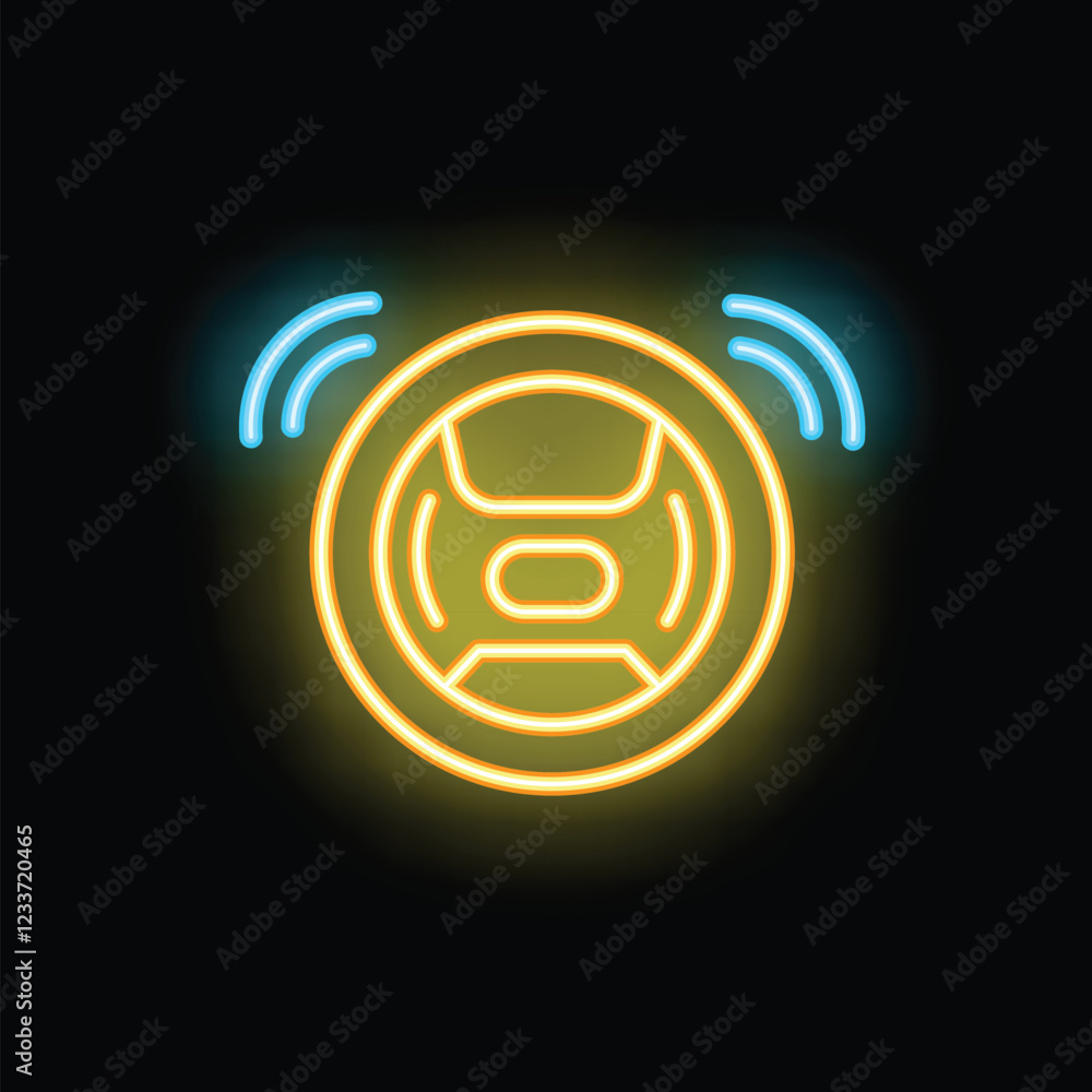 Obraz premium Yellow neon sign of a modern robotic vacuum cleaner cleaning the floor