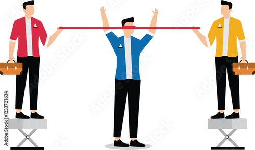 Self-motivation and inspiration, give yourself confidence and motivation, struggle and optimism, the businessman took a red ribbon and tied it around his head and pulled it tight with both hands