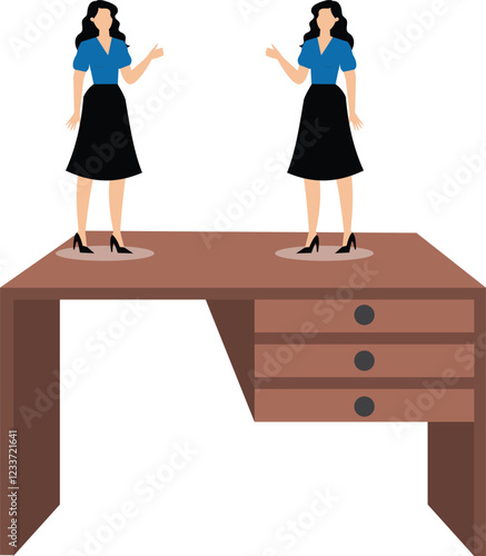 Two businesswomen at a desk blaming and abusing each other, arguing, blaming, shifting blame or complaining about others