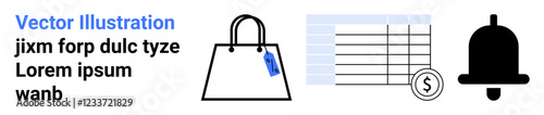 Shopping bag with tag, dollar-marked table, and bell icon representing online shopping, pricing, budgeting, notifications, accounting systems, billing and reminders. Ideal for flat landing page