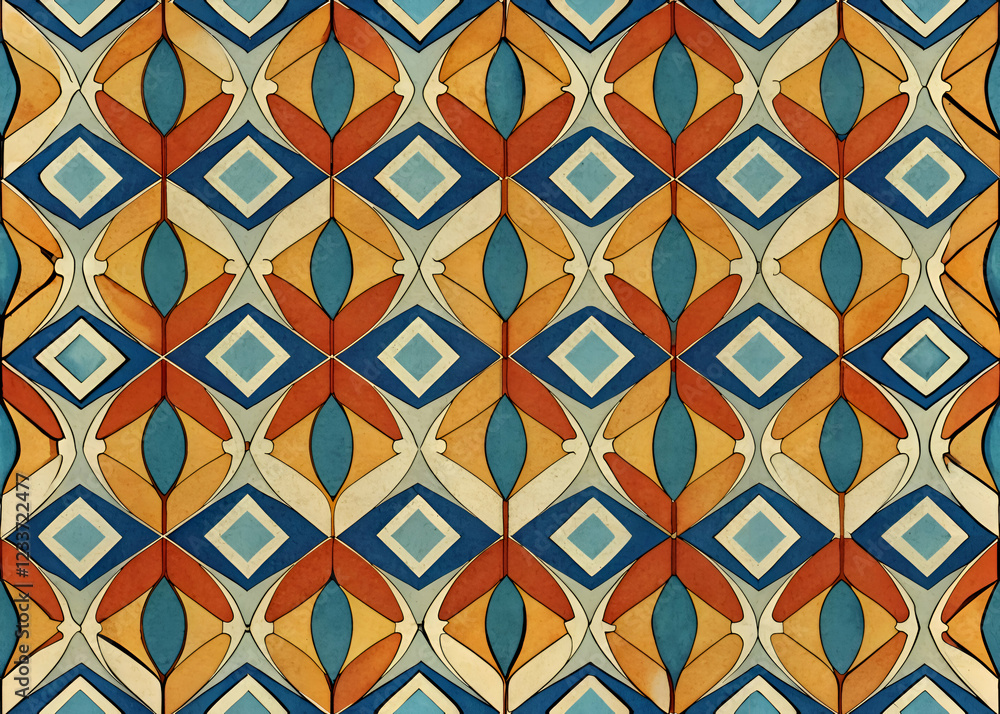 Intricate geometric tile pattern in warm earth tones. blues. and creams. Intricate geometric tile pattern in warm earth tones. blues. and creams.