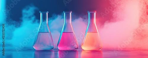 Colorful laboratory flasks with vibrant liquids and smoke effects. photo