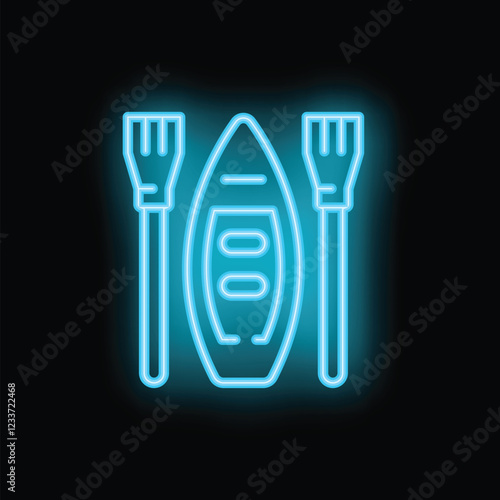 Bright glowing blue neon icon of kayak with paddles, for use in promoting travel and tourism
