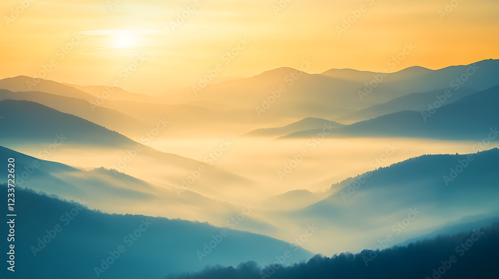 Serene misty hills at sunrise with golden light breaking through, rolling fog between the mountains Serene misty hills at sunrise with golden light breaking through, rolling fog between the mountains