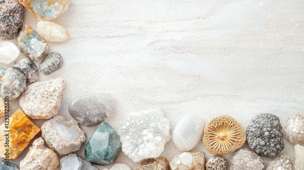 Obraz premium Colorful stones and minerals arranged on a white background.