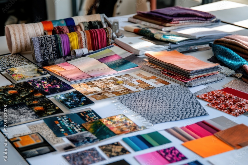 A meticulously organized layout of luxurious fabric swatches, vibrant color palettes, and intricate sketches spread across a sleek table, inspiring innovative fashion design and creative exploration