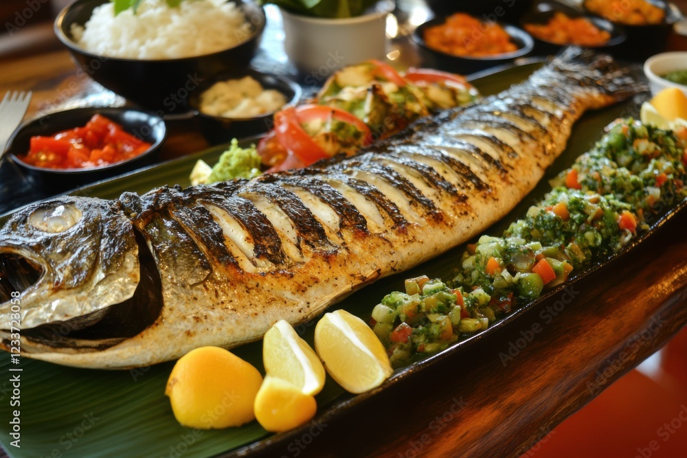 Grilled Seabass with Colorful Side Dishes Grilled Seabass with Colorful Side Dishes