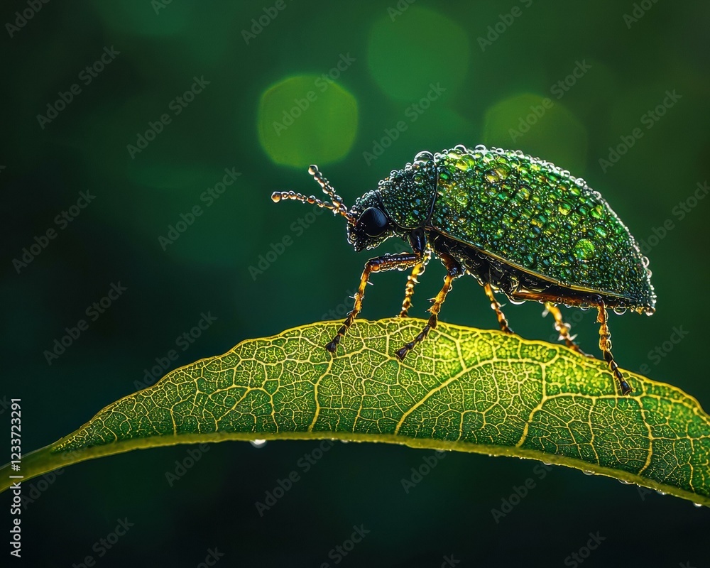 Naklejka premium Dew-kissed beetle on a leaf. AI.