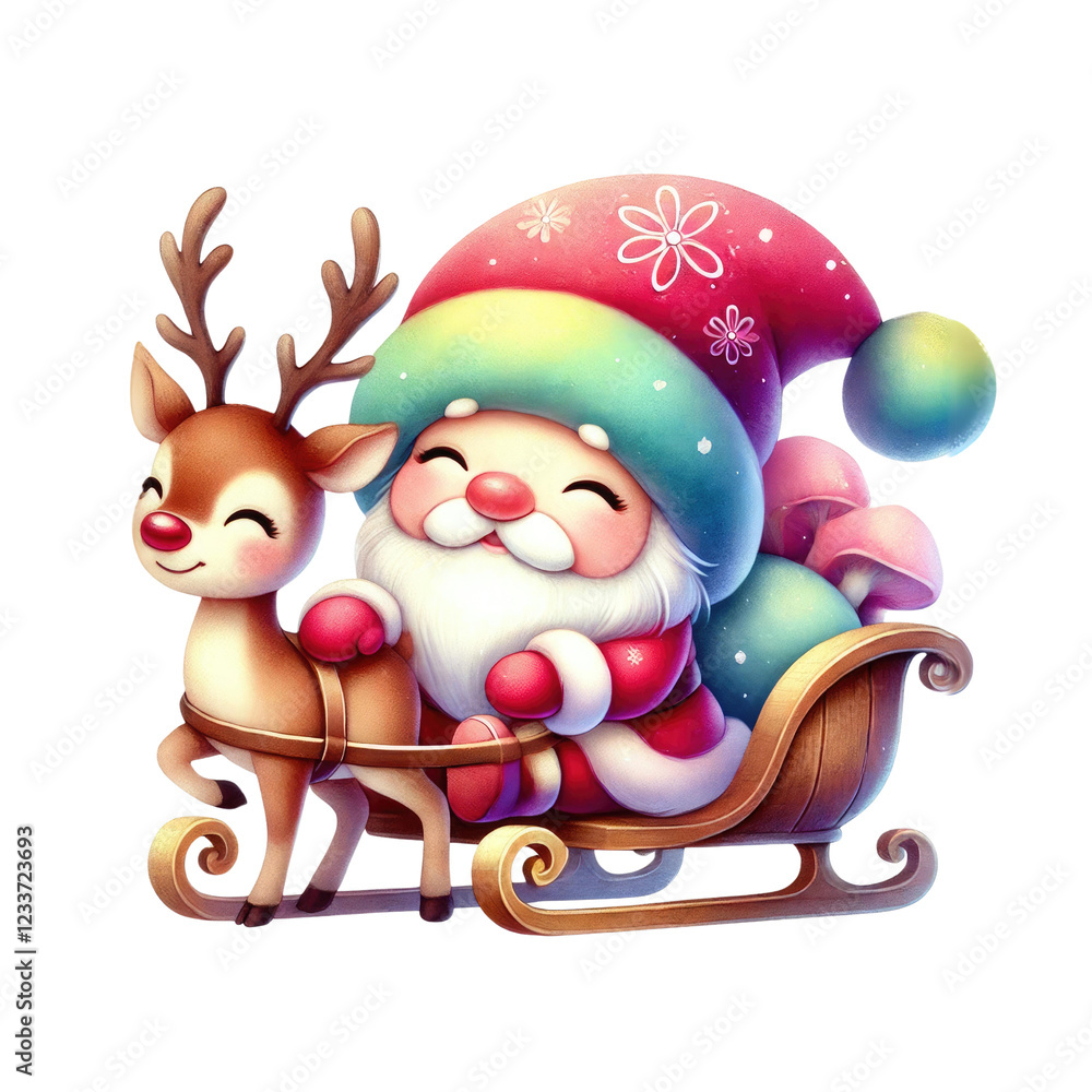 Fototapeta premium Whimsical Santa Claus joyfully rides a sleigh with a cheerful reindeer, capturing the essence of festive spirit and holiday magic.