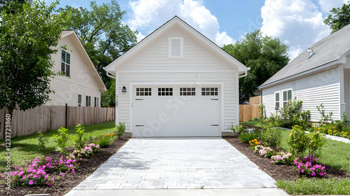 White detached garage, suburban street, landscaping