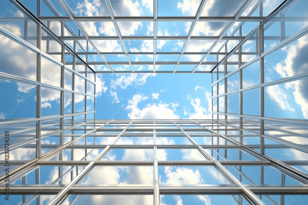 Skyscraper atrium, sky view, glass, clouds, design, architecture, building, modern, business, presentation Skyscraper atrium, sky view, glass, clouds, design, architecture, building, modern, business, presentation