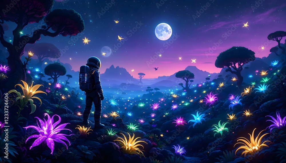 Astronaut in Glowing Alien Landscape at Night Astronaut in Glowing Alien Landscape at Night