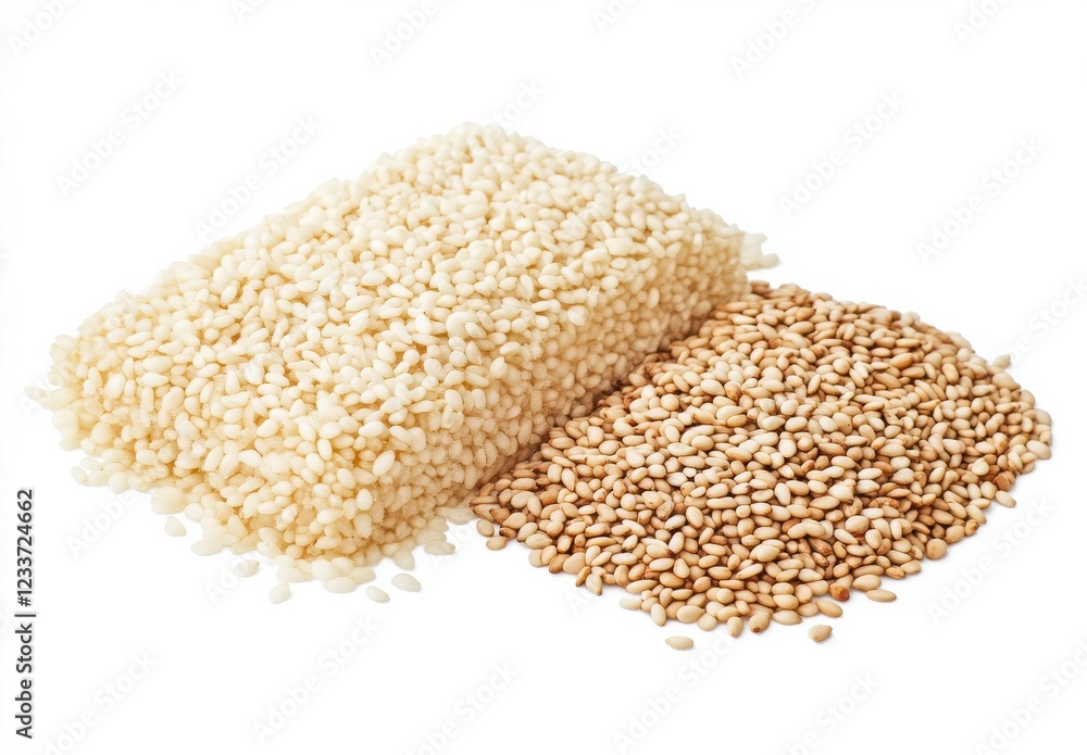 White and Brown Sesame Seeds Piled Separately on White Background for Culinary and Health Uses White and Brown Sesame Seeds Piled Separately on White Background for Culinary and Health Uses