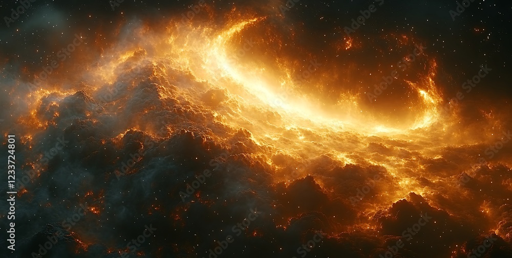 Fiery cosmic scene of swirling golden clouds resembling a nebula against a dark backdrop
Fiery cosmic scene of swirling golden clouds resembling a nebula against a dark backdrop
